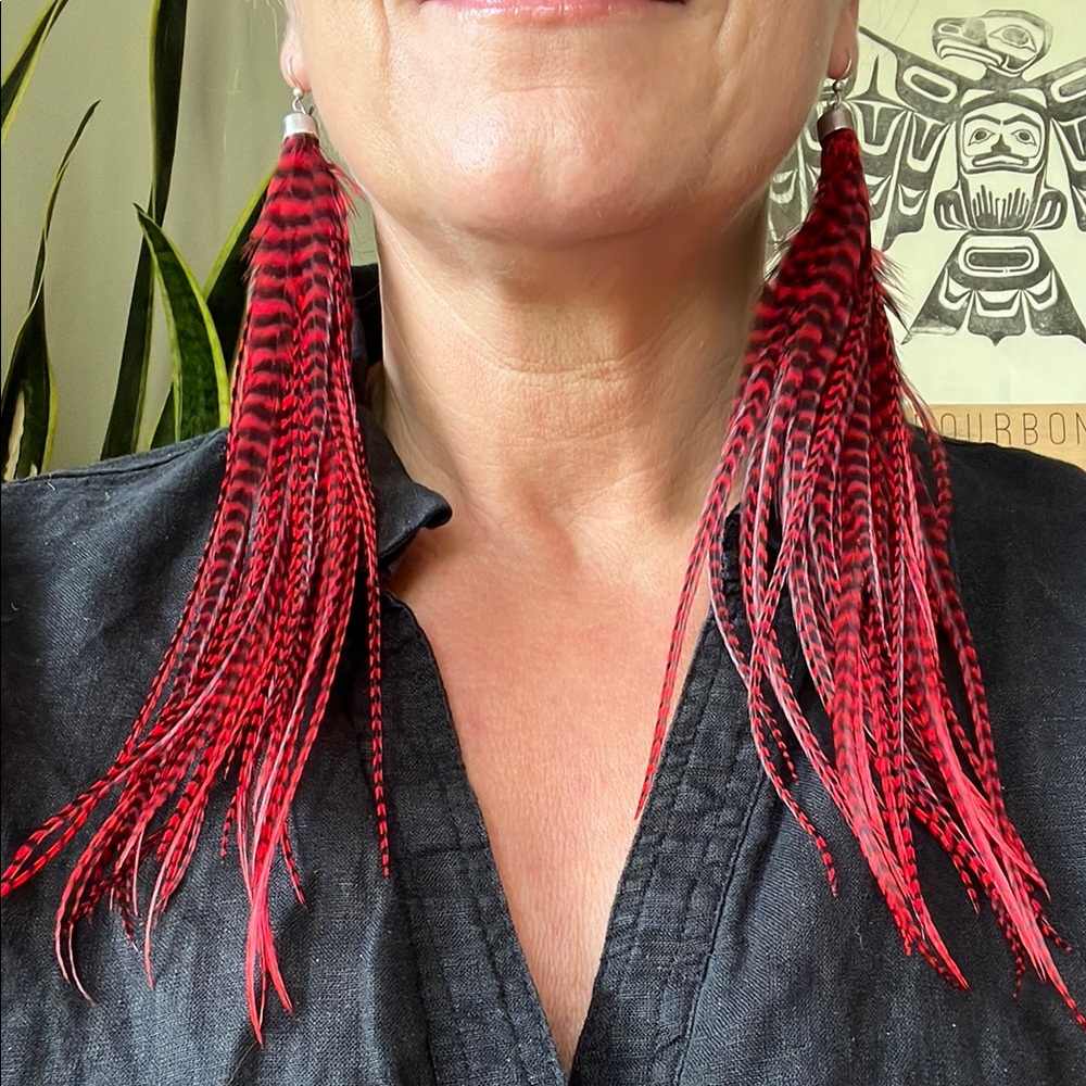 Hand crafted Custom Red Pheasant Feather Earrings Bohemian Festival